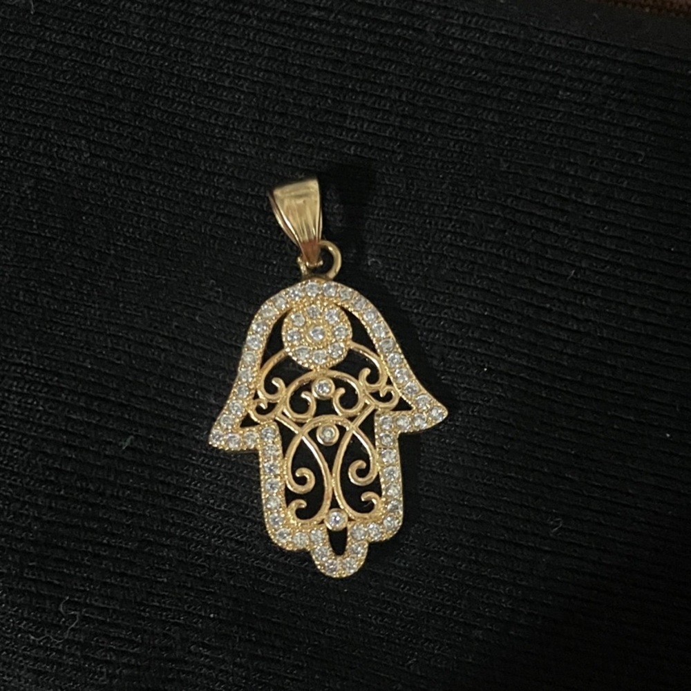 Gold Hamsa Hand Pendant Necklace with Cubic Zirconia Accent Hand of Fatima
